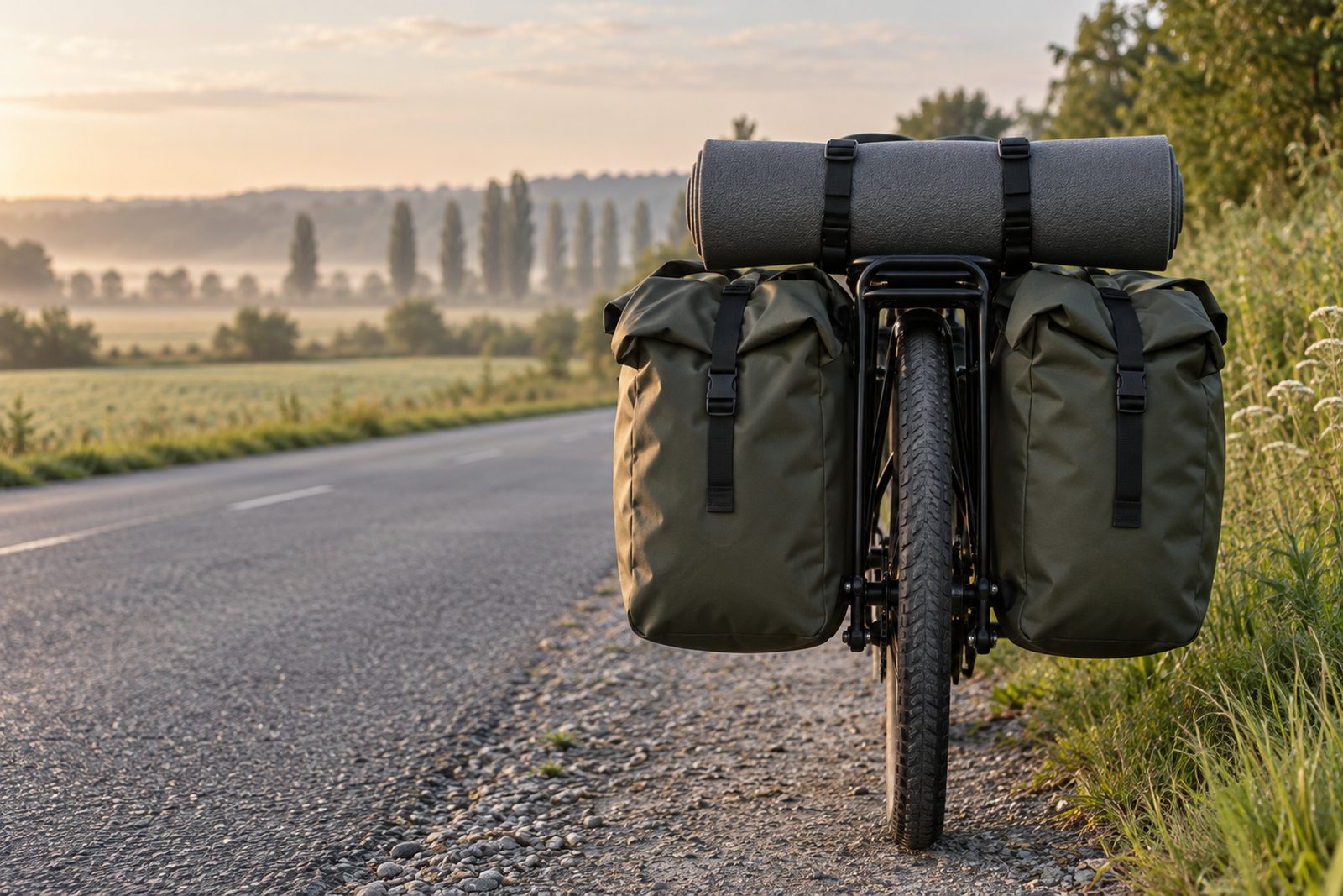 Hinterrad eines Reiserads mit zwei olivgrünen Packtaschen am Gepäckträger, am Rand einer Landstraße im Morgenlicht (Illustration)