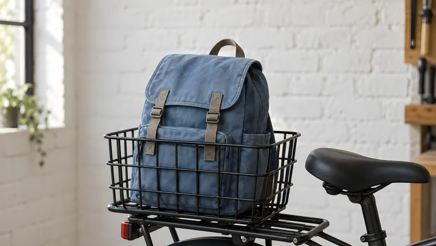 Schwarzer Drahtkorb auf dem Gepäckträger eines Stadtrads, darin ein blauer Schulrucksack (Illustration)