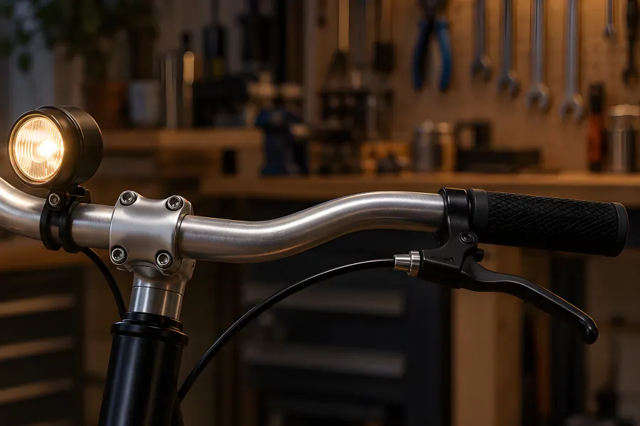 Eingeschalteter runder Fahrradscheinwerfer am Lenker eines Stadtrads neben dem Vorbau, dahinter eine dämmrige Werkstatt (Illustration)